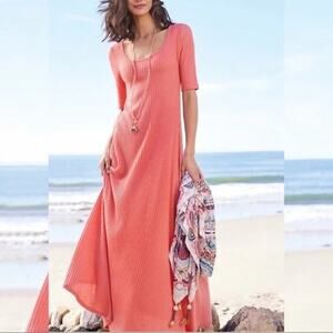 Soft Surrounding Ribbed Santiago Coral Reef Short Sleeve Maxi Dress LARGE